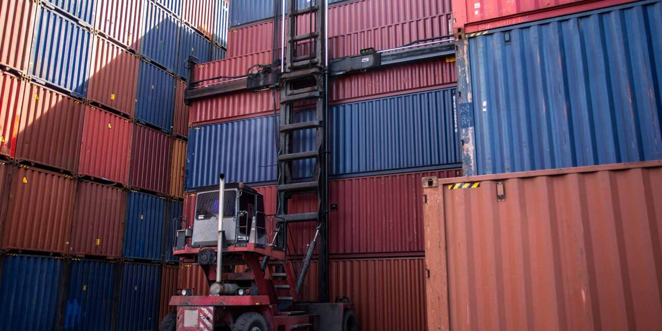 intermodal shipping containers at a port