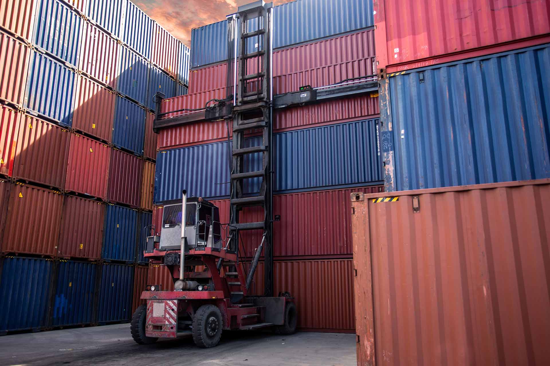 intermodal shipping containers at a port